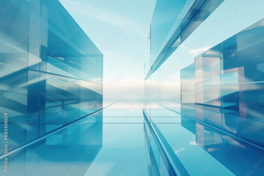 Fototapeta premium Futuristic blue glass architecture with reflections of sky and clouds. Modern, abstract background. Concept of future, technology, and design