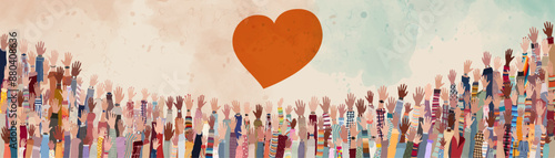 Banner with Many raised hands Diverse people. Charitable donation and volunteer work. Support and assistance. People diversity. Multicultural community. NGO. Aid. Background with heart