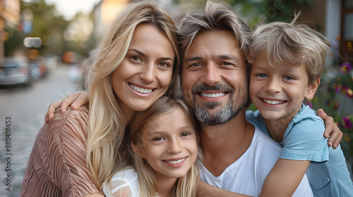 Happy smiling parents with kids on in a street