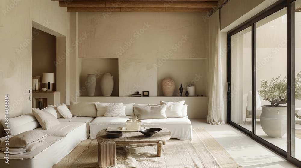 Modern Minimalist Living Room with Beige Tones and Natural Elements Modern Minimalist Living Room with Beige Tones and Natural Elements
