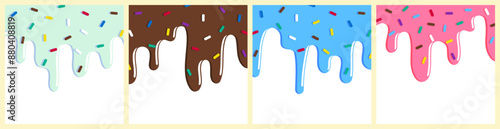 set of dripping delicious pink, blue and chocolate doughnut vector seamless glaze. Sweet dessert background illustration