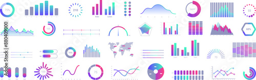 Minimal graph ui icons set. Set of colorful charts and graphs is representing positive business data analysis