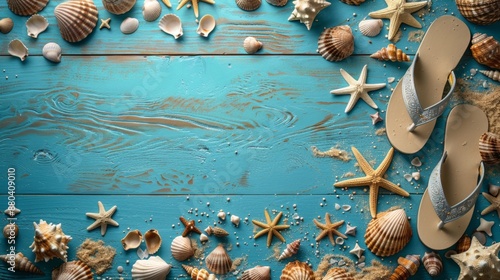 Summer Beach Vibes with Shells and Flip Flops on Blue Wooden Background - Generative AI photo