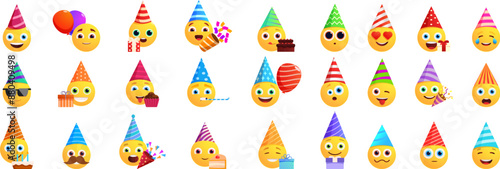 Birthday emoji icons set. Set of various yellow emojis wearing birthday hats and expressing different emotions for birthday party