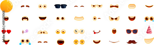 Emoji creator icons set. Different cartoon faces showing emotions with eyes and mouths, expressing happiness, sadness, anger, and more