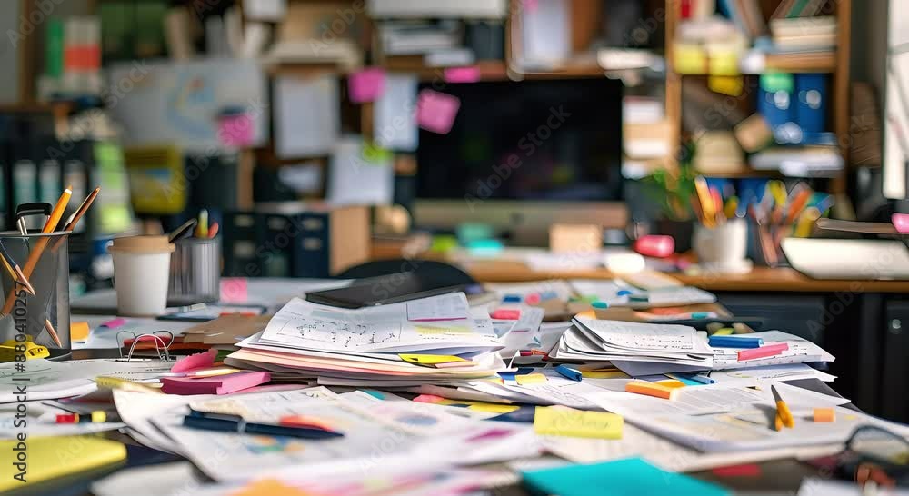Office desk overwhelmed with paper clutter and office essentials in a bustling workplace
Office desk overwhelmed with paper clutter and office essentials in a bustling workplace