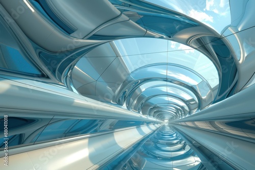 Futuristic metallic tunnel with blue sky reflection. Abstract background, sci-fi architecture concept. Perfect for technology, design, and innovation projects. © chesleatsz