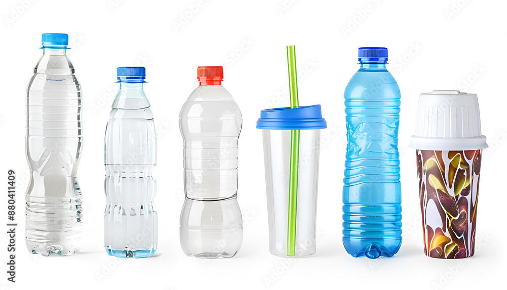Different plastic bottles and cups isolated on white, set Different plastic bottles and cups isolated on white, set