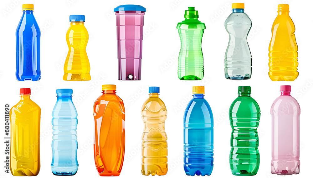 Different plastic bottles and cups isolated on white, set Different plastic bottles and cups isolated on white, set
