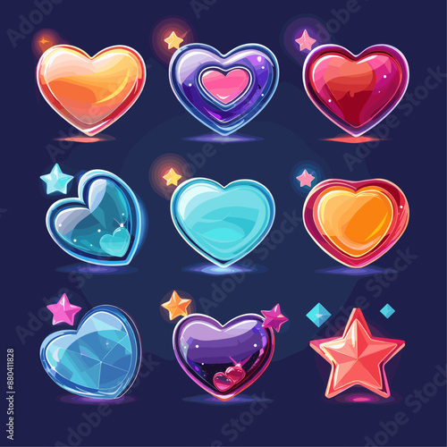9 Colorful Glass Hearts and a Star for Game UI Design