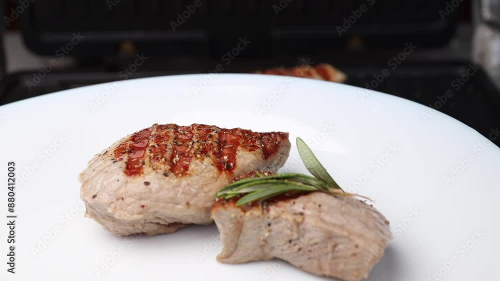 Place the veal medallions on a white plate with tongs. Place the veal medallions on a white plate with tongs.
