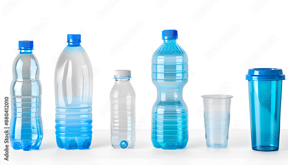 Different plastic bottles and cups isolated on white, set Different plastic bottles and cups isolated on white, set