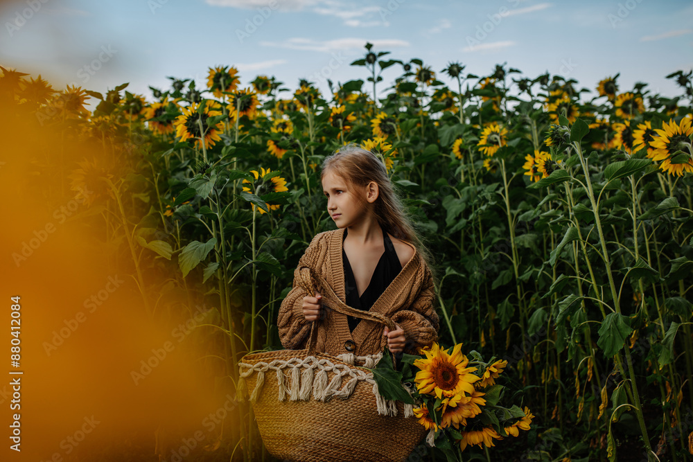 Child girl in a field with sunflowers, cute and funny Child girl in a field with sunflowers, cute and funny