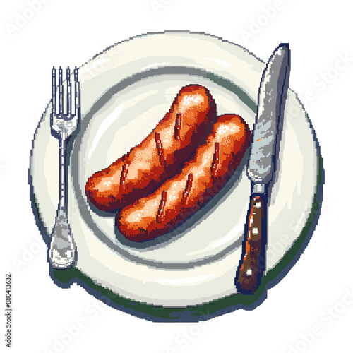 Two grilled sausages on a white plate with fork and knife