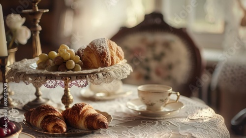 On a wooden table covered with woven lace there is a candle, aromatic coffee and a shelf with croissants, the best breakfast