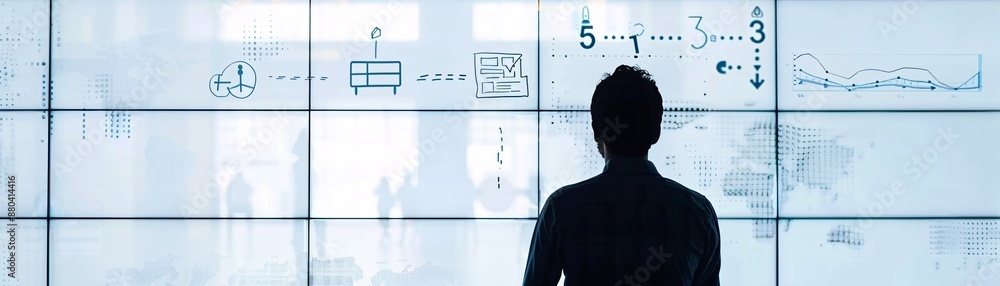 Silhouette of a logistics manager strategizing at a whiteboard with transportation routes drawn, and plenty of copyspace for additional text. Silhouette of a logistics manager strategizing at a whiteboard with transportation routes drawn, and plenty of copyspace for additional text.