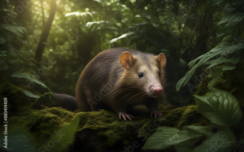 A Cuban solenodon foraging in a dense forest, with rich green foliage and dappled sunlight creating a mysterious atmosphere photo