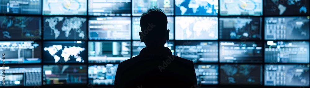 Silhouette of a manager monitoring live logistics data on multiple screens, with a clear focus on routing and ample copyspace. Silhouette of a manager monitoring live logistics data on multiple screens, with a clear focus on routing and ample copyspace.