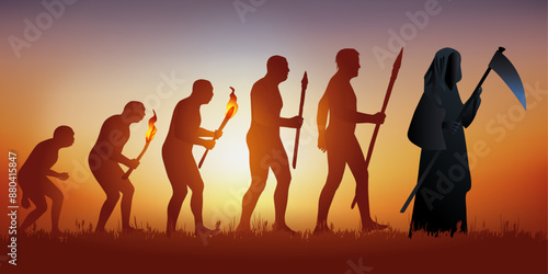 Concept de l’apocalypse et de la fin du monde avec l’évolution des espèces de Darwin se terminant par le mort, symbolisée par l’image de la faucheuse.