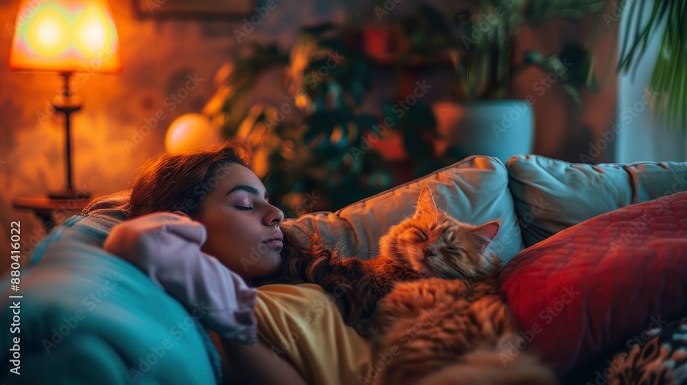 A young Hispanic Latin ethnic teen girl relaxing on a comfortable sofa with her cute pet, cozy living room with warm lighting, vibrant colors A young Hispanic Latin ethnic teen girl relaxing on a comfortable sofa with her cute pet, cozy living room with warm lighting, vibrant colors