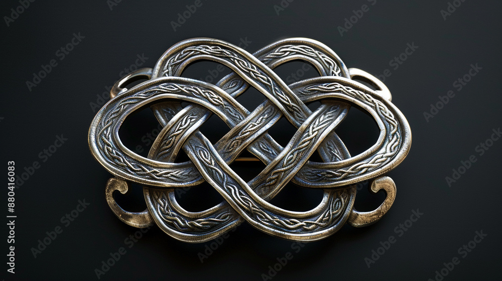 An ornate silver brooch with a Celtic knot design An ornate silver brooch with a Celtic knot design