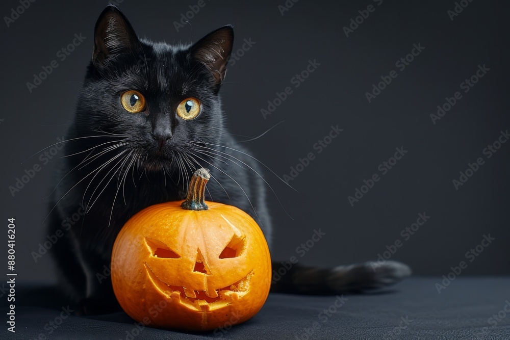 Black cat with pumpkin on black background, Halloween concept Black cat with pumpkin on black background, Halloween concept