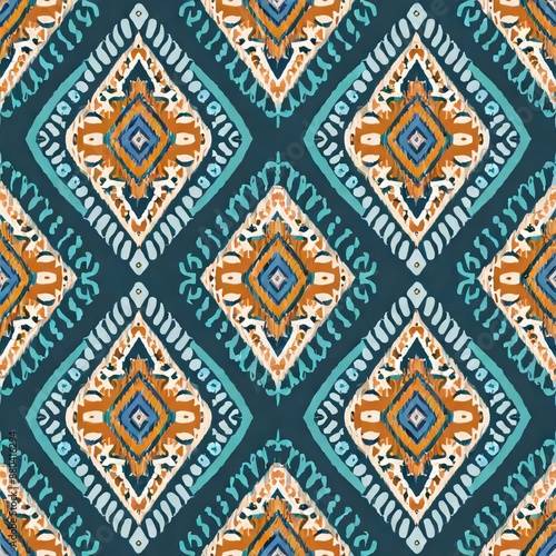 Seamless round ikat pattern, geometric curve design for fashion clothes, textile, wrapping, decoration
