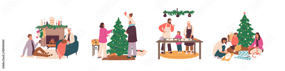 Happy people preparing for winter holidays set. Family with kids decorate Christmas tree, baking Xmas cookies, wrapping New Year gifts together. Flat isolated vector illustrations on white background Happy people preparing for winter holidays set. Family with kids decorate Christmas tree, baking Xmas cookies, wrapping New Year gifts together. Flat isolated vector illustrations on white background