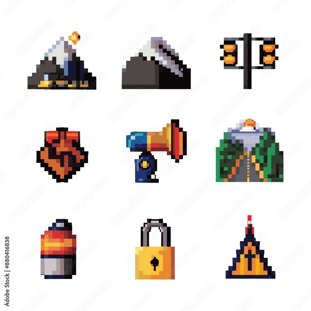 Pixel art icons set for games, apps, or web design Pixel art icons set for games, apps, or web design