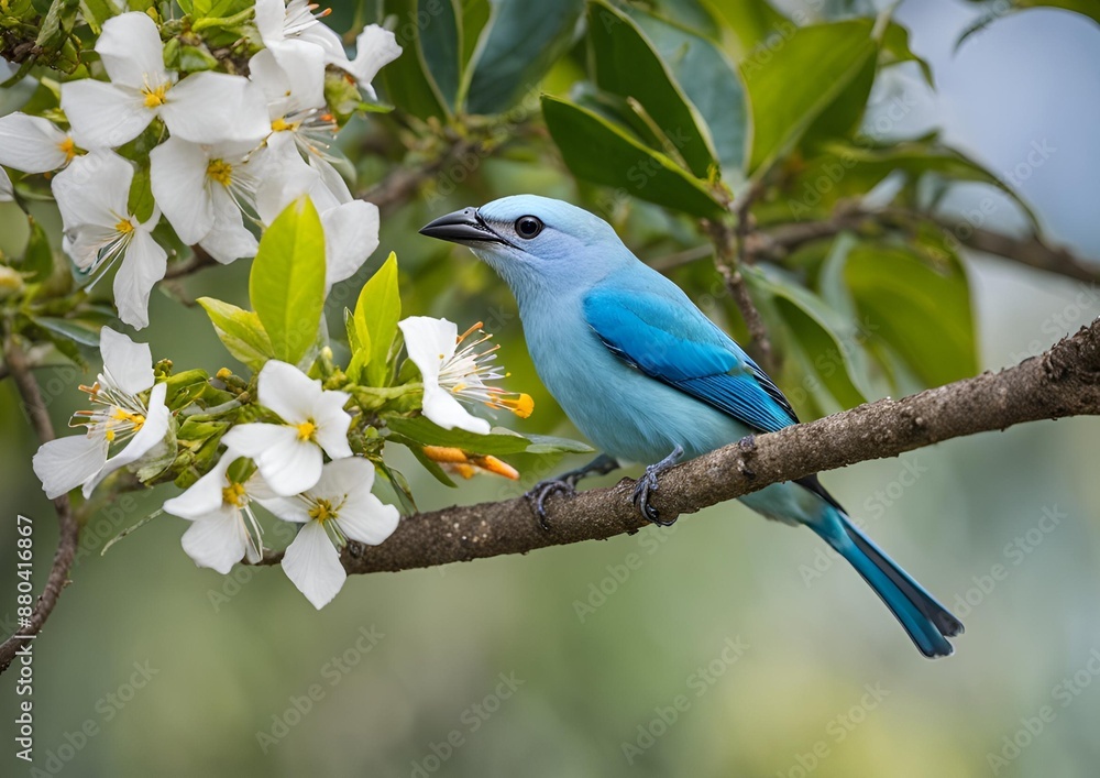A Blue-gray Tanager is eating the flowers of a macro tree. A Blue-gray Tanager is eating the flowers of a macro tree.