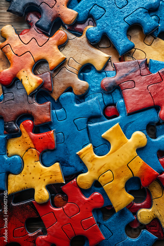 A pile of colorful puzzle pieces on a wooden table