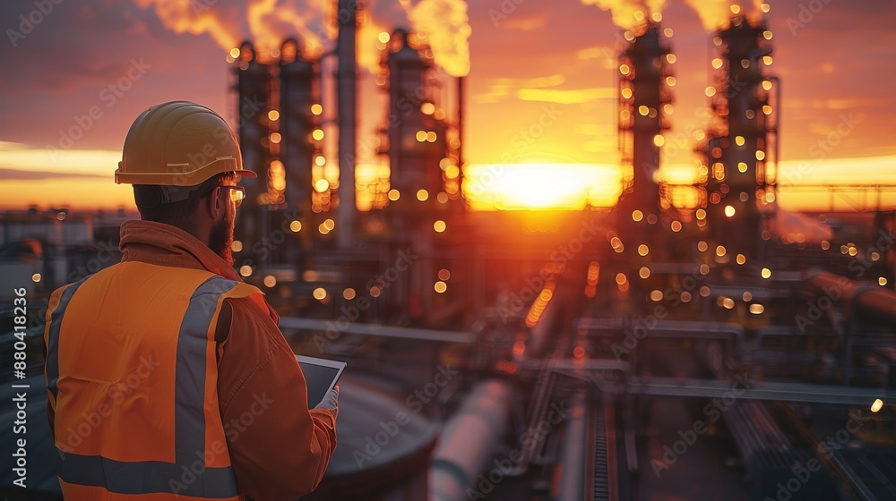 Industrial workers overseeing refinery at sunset Industrial workers overseeing refinery at sunset