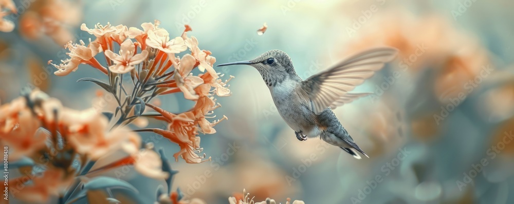 Fototapeta premium A tiny hummingbird hovering in front of a flower.