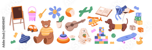Cute kids toys set. Childish cars, ball, plush bear. Educational games for children: chalkboard, book, pyramid. Different cubes, blocks for babies' playing. Flat isolated vector illustrations on white