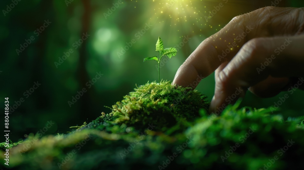 Fototapeta premium Hand Touching a Small Plant Growing on Moss in a Forest with Sunlight Streaming Through the Trees