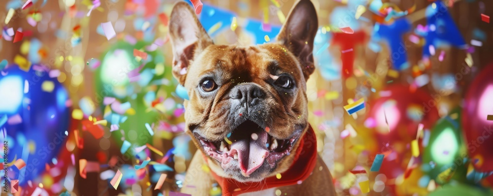 Happy French Bulldog celebrating a party with colorful confetti and balloons, close-up shot. Happy French Bulldog celebrating a party with colorful confetti and balloons, close-up shot.