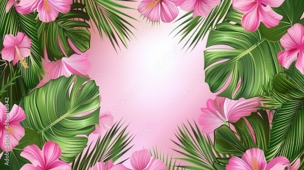 Vibrant tropical leaves and pink flowers background art. Vibrant tropical leaves and pink flowers background art.
