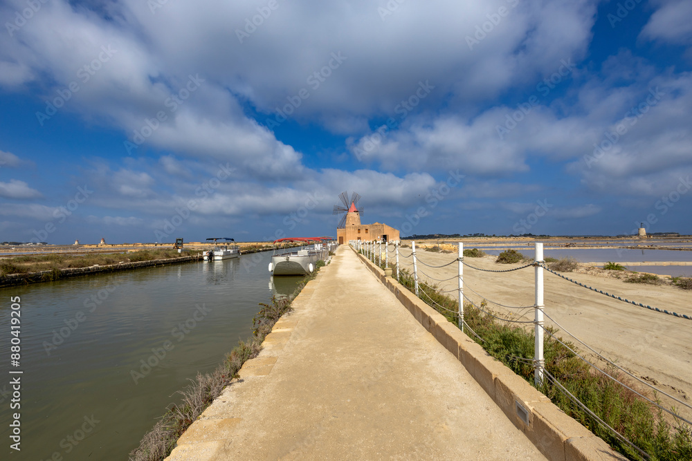 Fototapeta premium Oriented nature reserve Saline of Trapani and Paceco, province of Trapani, Sicily, italy