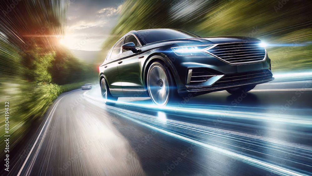 High-speed car on winding road High-speed car on winding road