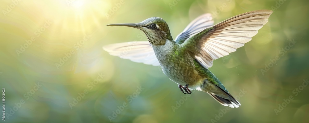 Fototapeta premium A photorealistic image of a hummingbird hovering in mid-air, its wings beating so fast they blur into motion.