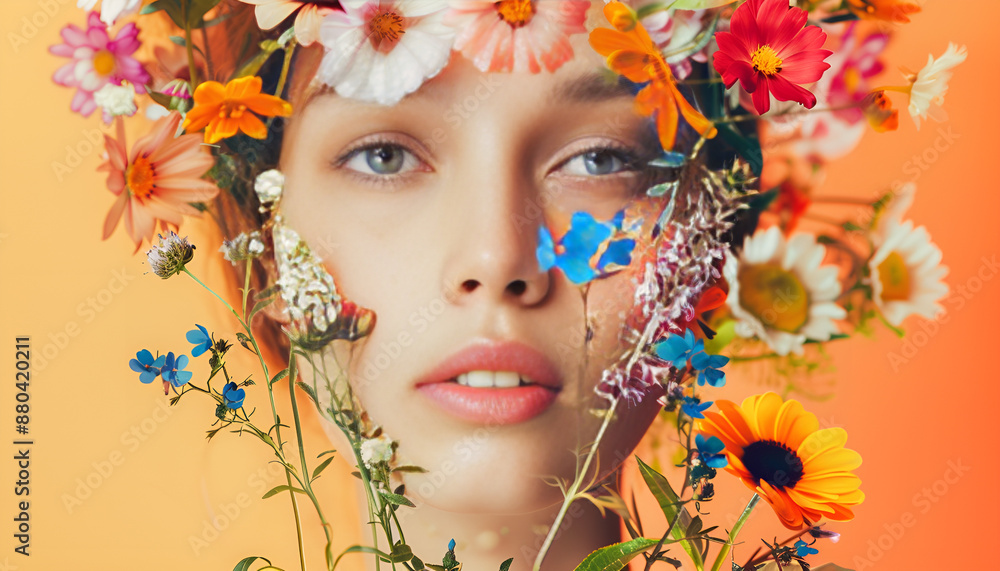 Creative art collage with beautiful meadow flowers and woman on color background Creative art collage with beautiful meadow flowers and woman on color background