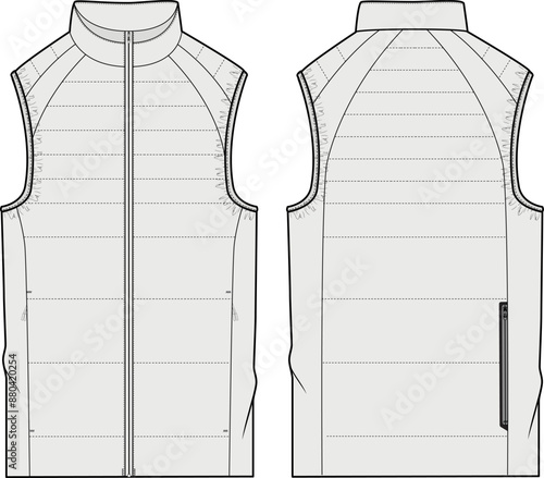 Puffer vest mid-layer polar fleece technical CAD fashion illustration front and back views