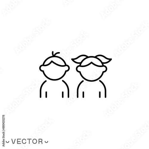 children toilet icon, girl and boy, silhouette child or kid restroom, thin line symbol isolated on white background, editable stroke eps 10 vector illustration