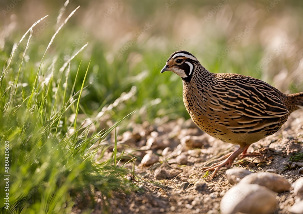 A quail living in free-range during summertime_ close-up photo of the bird in the grass. A quail living in free-range during summertime_ close-up photo of the bird in the grass.