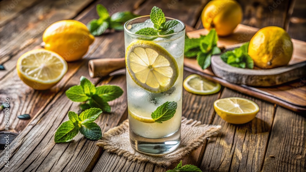 Fototapeta premium Freshly prepared refreshing sparkling Collins cocktail garnished with lemon wedge and mint leaves on rustic wooden table setting.