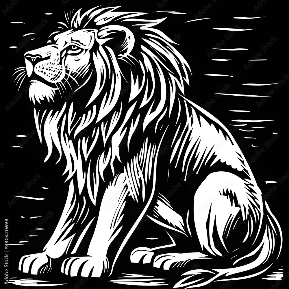 Obraz premium Hand drawn lion silhouette in a minimal style. Black and white graphic illustration isolated on transparent background 