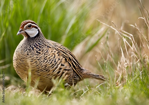A quail living in free-range during summertime_ close-up photo of the bird in the grass.