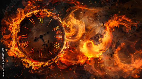 Close-up of a classic watch engulfed in bright flames on a dark background. Abstract background, copy space.
