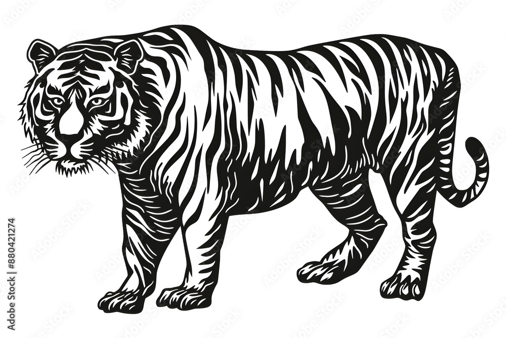 Naklejka premium Hand drawn tiger silhouette in a minimal style. Black and white graphic illustration isolated on white background