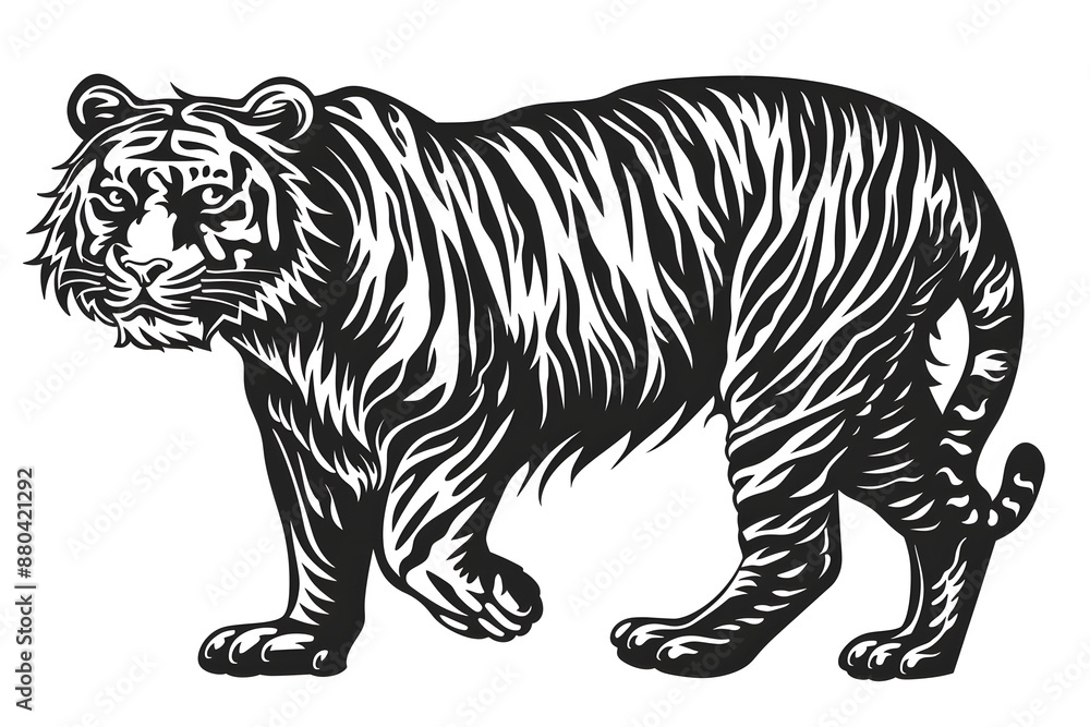 Obraz premium Hand drawn tiger silhouette in a minimal style. Black and white graphic illustration isolated on white background
